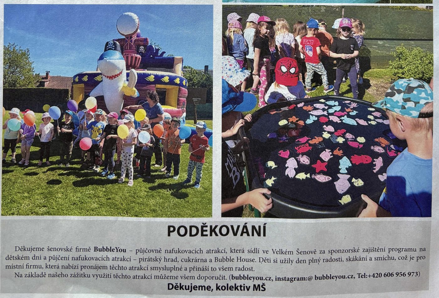 Poděkování BubbleYou v Šenovských novinách, léto 2026